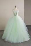 Lovely Sweetheart Neckline Tulle Long Prom Dress with Lace, Green Strapless Evening Dress KPP1990