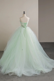 Lovely Sweetheart Neckline Tulle Long Prom Dress with Lace, Green Strapless Evening Dress KPP1990