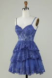 Cute A Line Spaghetti Straps Dark Blue Sparkly Corset Homecoming Dress KPH0742