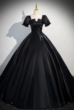 A Line Short Sleeve Black Satin Long Prom Dress, Black Long Formal Dress KPP1992