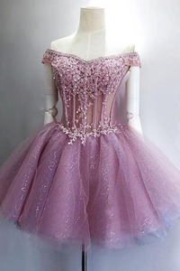 A Line Tulle Off Shoulder Short Prom Dress With Sequins, Homecoming Dreses KPH0745