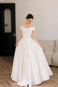 White Satin Off the Shoulder Prom Dress, A Line Floor Length Evening Party Dress KPP1994