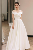 White Satin Off the Shoulder Prom Dress, A Line Floor Length Evening Party Dress KPP1994