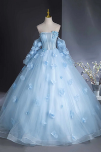 Blue Tulle Long Sleeves Formal Dress with Flowers, Blue A Line Prom Party Dress KPP1995