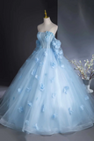 Blue Tulle Long Sleeves Formal Dress with Flowers, Blue A Line Prom Party Dress KPP1995