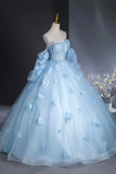 Blue Tulle Long Sleeves Formal Dress with Flowers, Blue A Line Prom Party Dress KPP1995