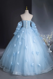 Blue Tulle Long Sleeves Formal Dress with Flowers, Blue A Line Prom Party Dress KPP1995