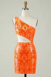 One Shoulder Orange Tight Short Homecoming Dress With Hollow Out KPH0748