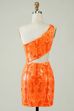 One Shoulder Orange Tight Short Homecoming Dress With Hollow Out KPH0748