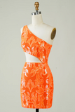 One Shoulder Orange Tight Short Homecoming Dress With Hollow Out KPH0748