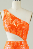 One Shoulder Orange Tight Short Homecoming Dress With Hollow Out KPH0748