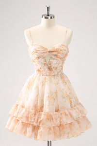 A Line Yellow Spaghetti Straps Floral Short Homecoming Dress KPH0750