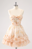 A Line Yellow Spaghetti Straps Floral Short Homecoming Dress KPH0750