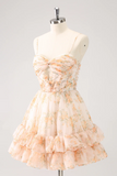 A Line Yellow Spaghetti Straps Floral Short Homecoming Dress KPH0750