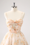 A Line Yellow Spaghetti Straps Floral Short Homecoming Dress KPH0750