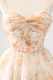 A Line Yellow Spaghetti Straps Floral Short Homecoming Dress KPH0750