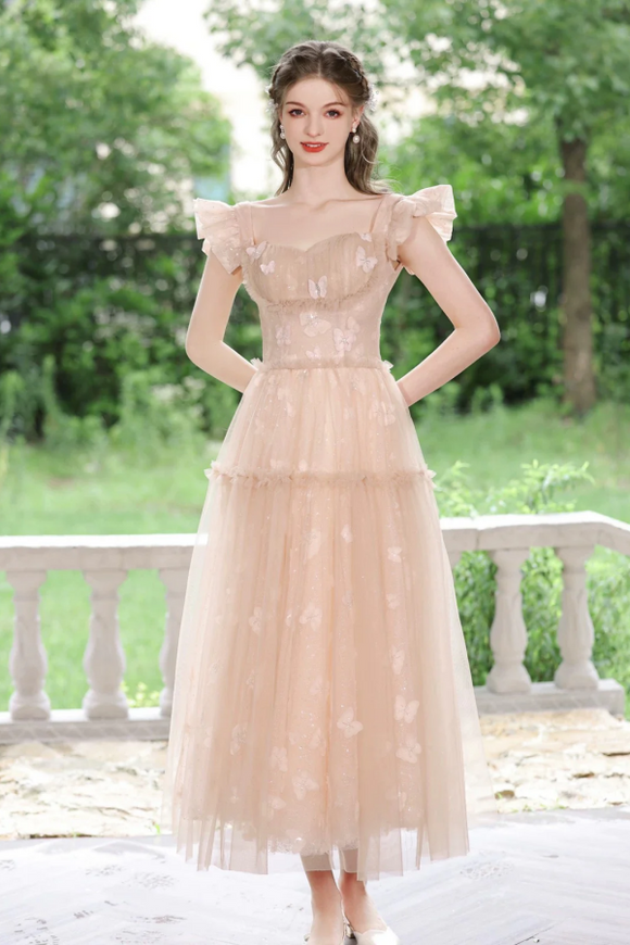 A Line Tulle Lace Tea Length Pink Prom Dress, Pink Long Formal Dress KPP1996