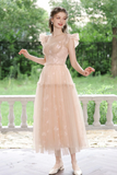 A Line Tulle Lace Tea Length Pink Prom Dress, Pink Long Formal Dress KPP1996