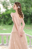 A Line Tulle Lace Tea Length Pink Prom Dress, Pink Long Formal Dress KPP1996