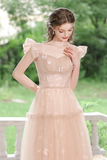 A Line Tulle Lace Tea Length Pink Prom Dress, Pink Long Formal Dress KPP1996