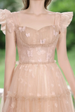 A Line Tulle Lace Tea Length Pink Prom Dress, Pink Long Formal Dress KPP1996