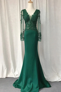 Green Mermaid Long Sleeves with Lace Applique Evening Dress, Green Prom Dress KPP1998