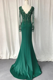 Green Mermaid Long Sleeves with Lace Applique Evening Dress, Green Prom Dress KPP1998