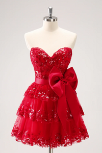 Red Sequined Strapless A Line Short Homecoming Dress With Bow KPH0752