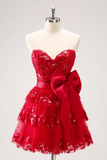 Red Sequined Strapless A Line Short Homecoming Dress With Bow KPH0752