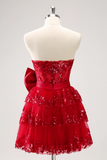 Red Sequined Strapless A Line Short Homecoming Dress With Bow KPH0752