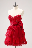 Red Sequined Strapless A Line Short Homecoming Dress With Bow KPH0752