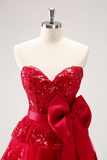 Red Sequined Strapless A Line Short Homecoming Dress With Bow KPH0752