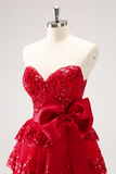 Red Sequined Strapless A Line Short Homecoming Dress With Bow KPH0752