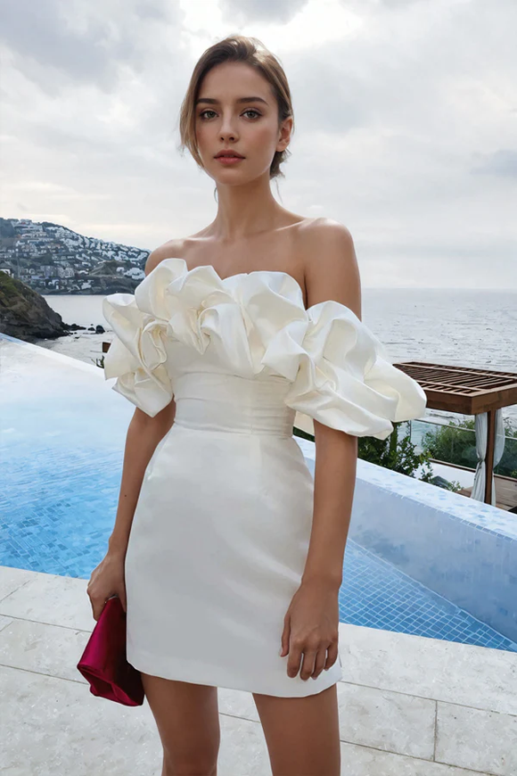 Off Shoulder Sleeveless Satin Mini Homecoming Dress With Ruffles KPH0754