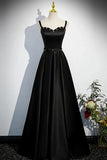 A Line Black Straps Beaded Satin Long Party Dress, Black Prom Dress KPP1999