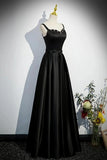 A Line Black Straps Beaded Satin Long Party Dress, Black Prom Dress KPP1999