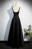 A Line Black Straps Beaded Satin Long Party Dress, Black Prom Dress KPP1999