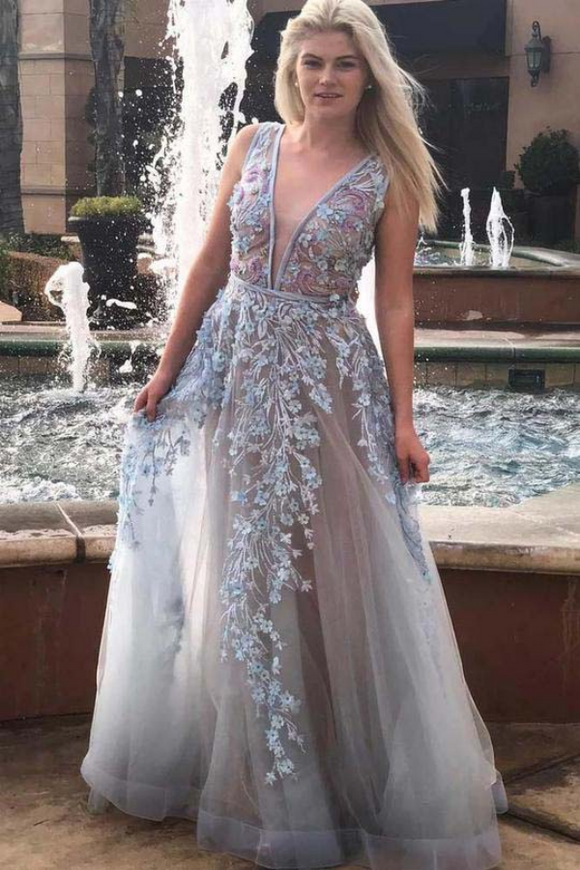 A Line Floral Appliques Long Prom Dress Plunging Neckline Formal Gown KPP2000