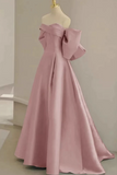 Pink A Line Satin Long Prom Dresses, Pink Satin Evening Dresses KPP2004