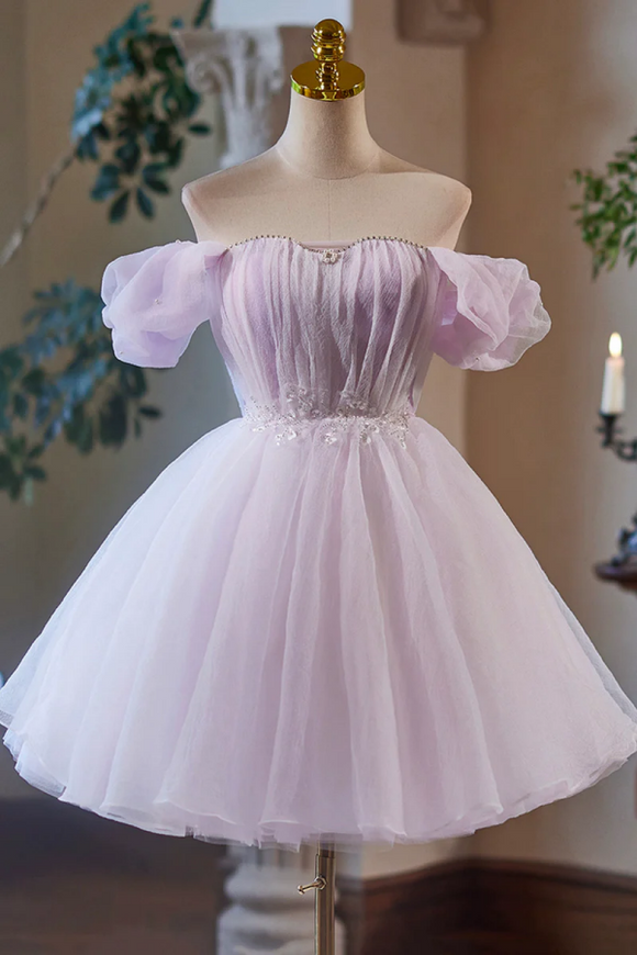 Lilac Tulle Knee Length Party Dress, Lovely A Line Off the Shoulder Evening Dress KPH0757