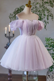 Lilac Tulle Knee Length Party Dress, Lovely A Line Off the Shoulder Evening Dress KPH0757