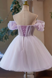 Lilac Tulle Knee Length Party Dress, Lovely A Line Off the Shoulder Evening Dress KPH0757