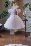 Lilac Tulle Knee Length Party Dress, Lovely A Line Off the Shoulder Evening Dress KPH0757