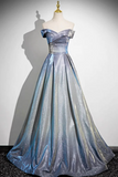 A Line Gradient Blue Floor Length Prom Dress, Off the Shoulder Evening Party Dress KPP2005