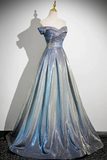 A Line Gradient Blue Floor Length Prom Dress, Off the Shoulder Evening Party Dress KPP2005