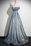 A Line Gradient Blue Floor Length Prom Dress, Off the Shoulder Evening Party Dress KPP2005