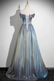 A Line Gradient Blue Floor Length Prom Dress, Off the Shoulder Evening Party Dress KPP2005