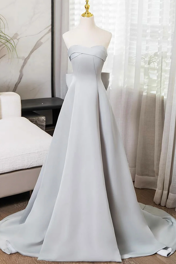 Gray Strapless Satin Long Prom Dress, Simple A Line Evening Dress KPP2006