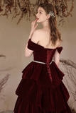 A Line Off Shoulder Velvet Burgundy Long Prom Dress, Burgundy Long Formal Dress KPP2018