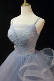 Beautiful Gray Cascading Ruffles Pearl Prom Dress, A Line Spaghetti Straps Sleeveless Backless Formal Dress KPP2025